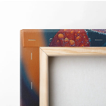 Close-up of wood-framed canvas art showing vibrant autumn leaves and rich color details on wall art.