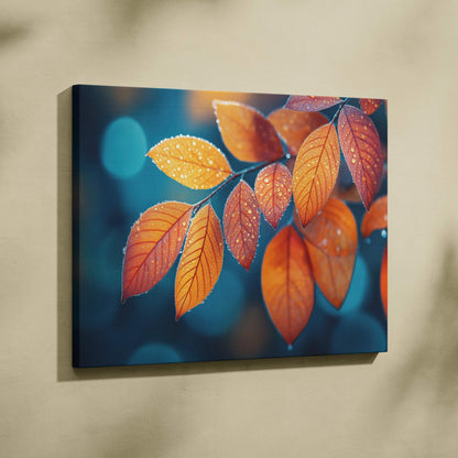 Canvas wall art featuring vibrant orange autumn leaves with water droplets against a soft blue background.