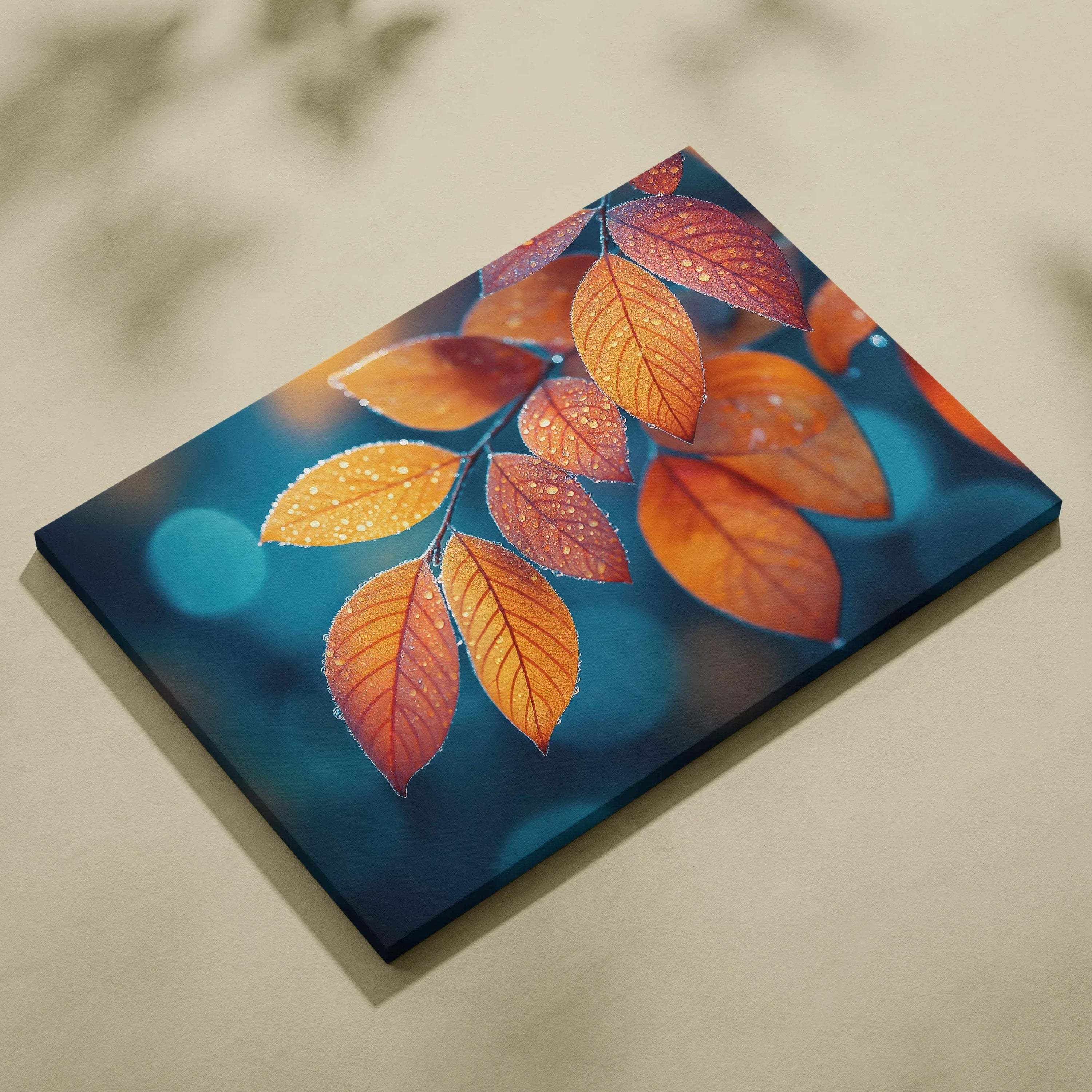 Canvas art featuring vibrant orange autumn leaves with water droplets against a blurred blue background wall art.