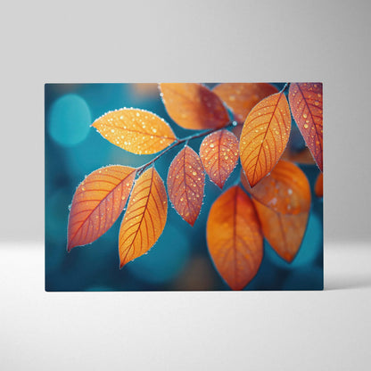 Canvas art featuring vibrant orange autumn leaves with water droplets against a blue background wall art.
