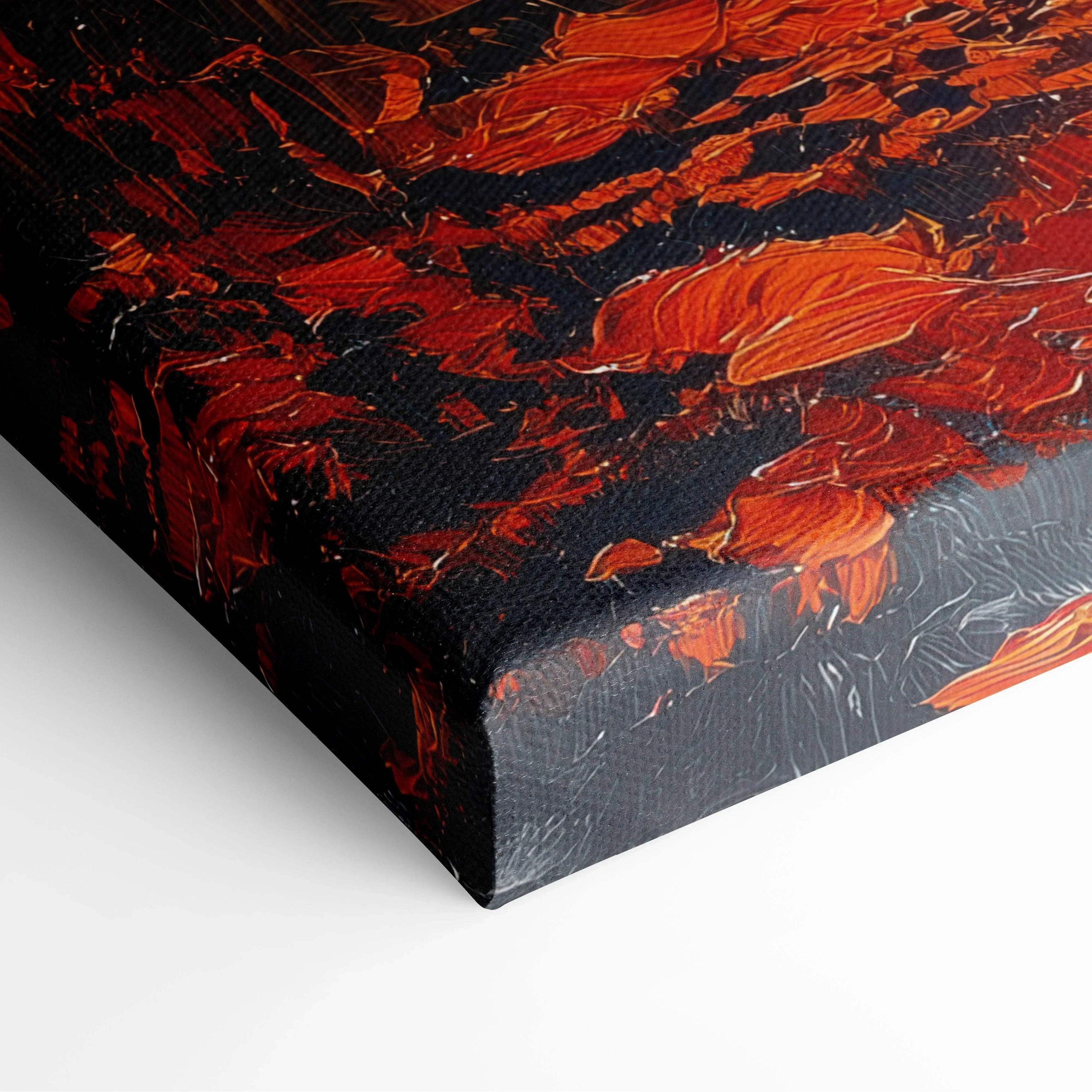 Vibrant autumn mountain landscape canvas art with rich orange and dark textured brushstrokes wall art.