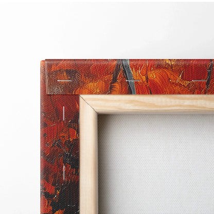 Close-up of vibrant autumn mountain scene canvas art with wooden frame and textured edges.