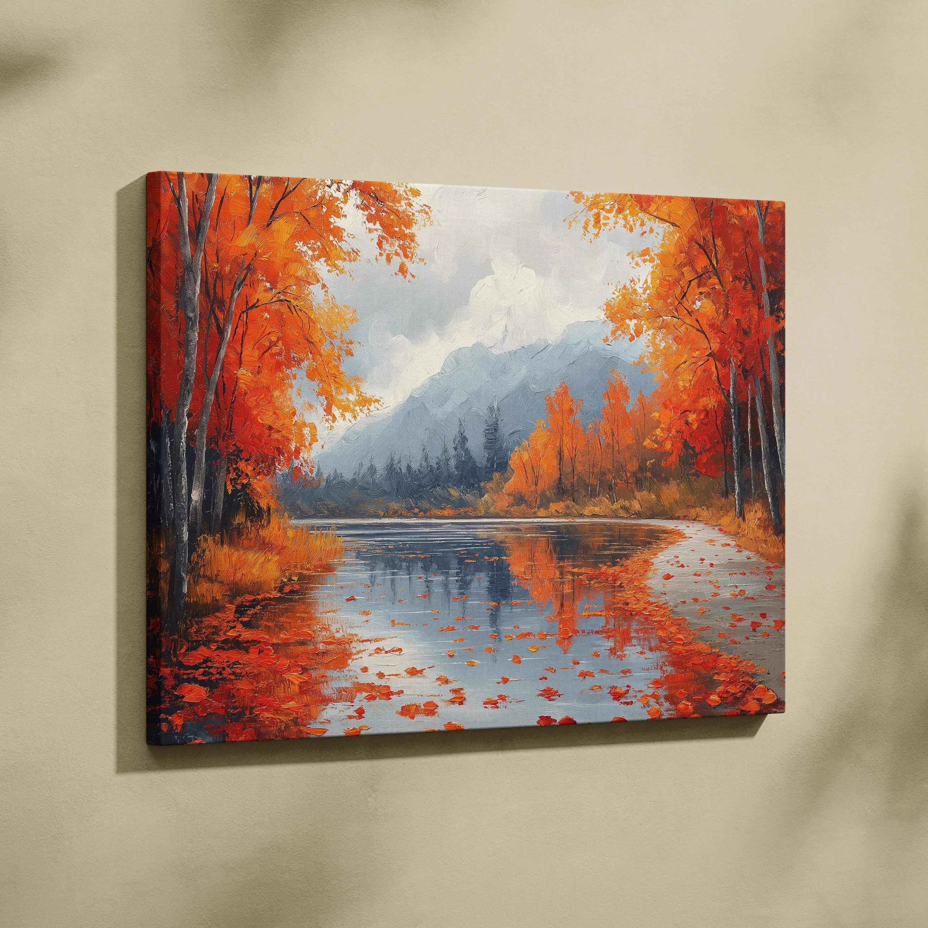 Autumn mountain landscape canvas art with vibrant orange trees and reflective river wall art.