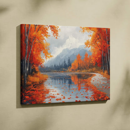 Autumn mountain landscape canvas art with vibrant orange trees and reflective river wall art.