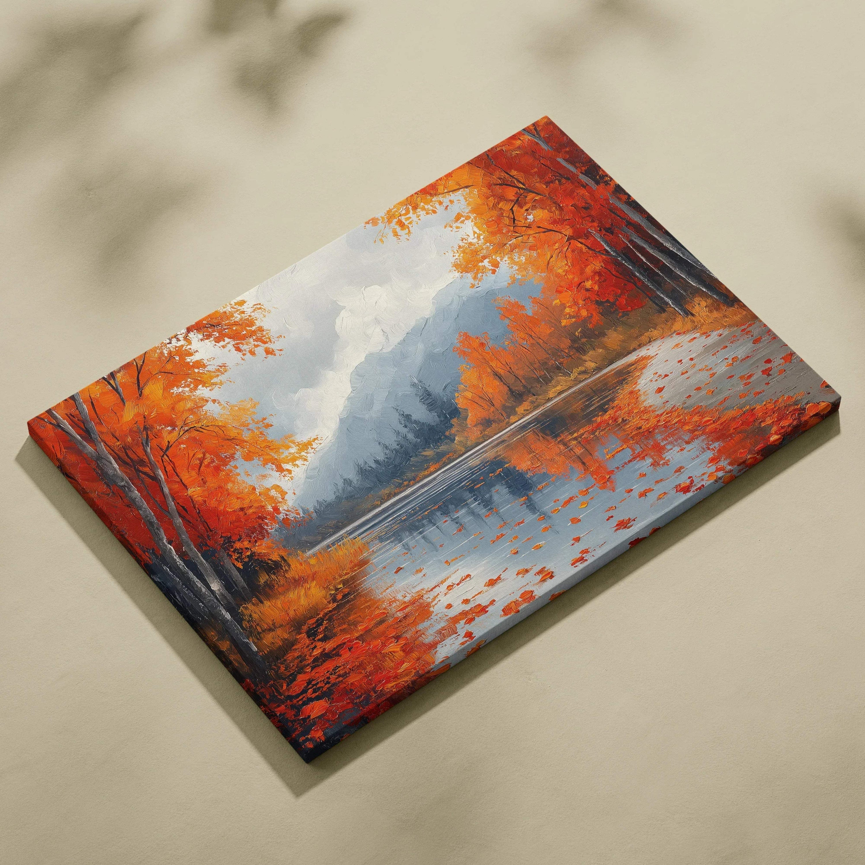 Vibrant autumn mountain landscape canvas art with fiery orange trees by a calm lake, nature wall art on canvas.