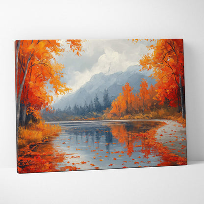 Autumn mountain landscape with vibrant orange trees and reflective river canvas wall art.