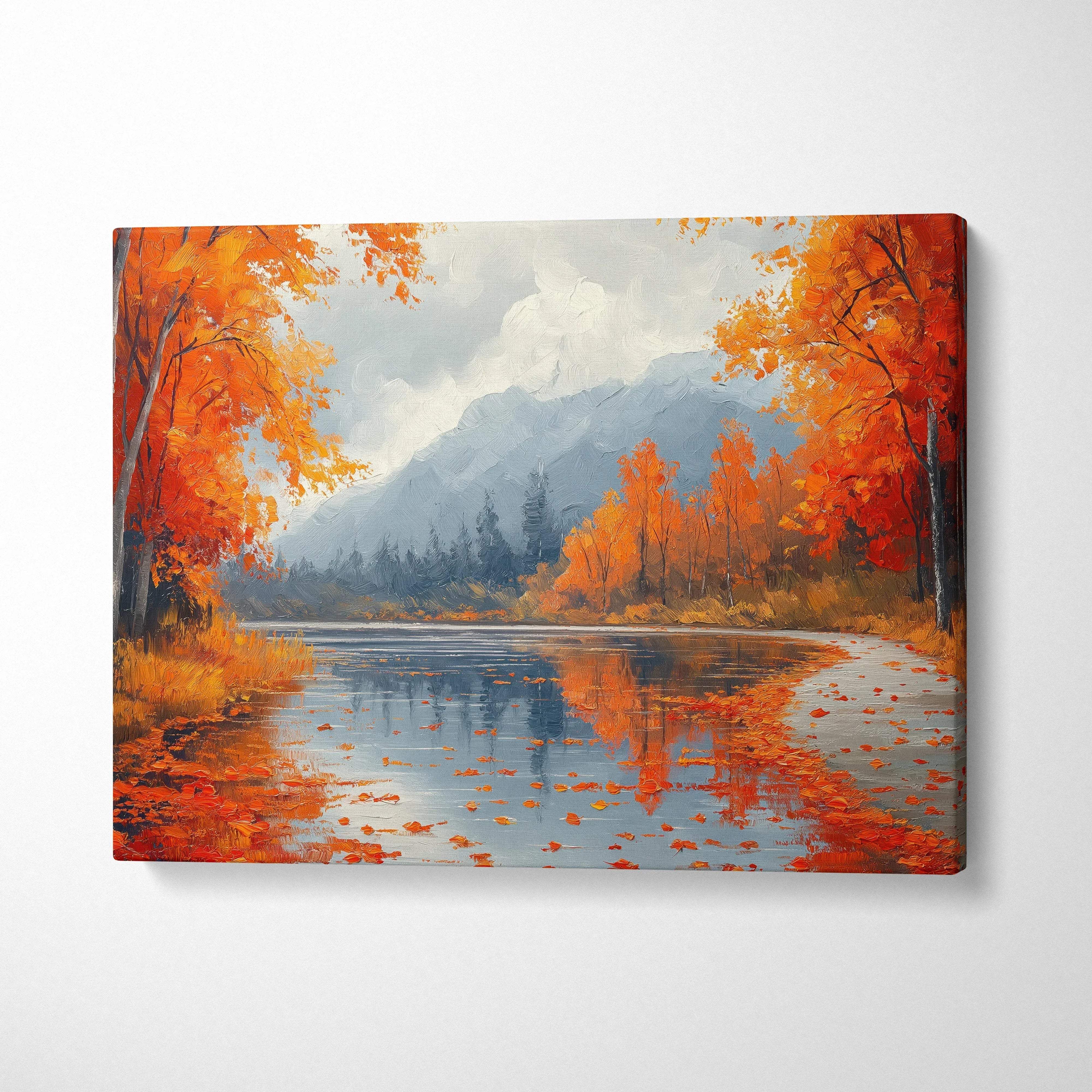Autumn mountain landscape with vibrant orange trees reflected in a calm lake on canvas wall art.