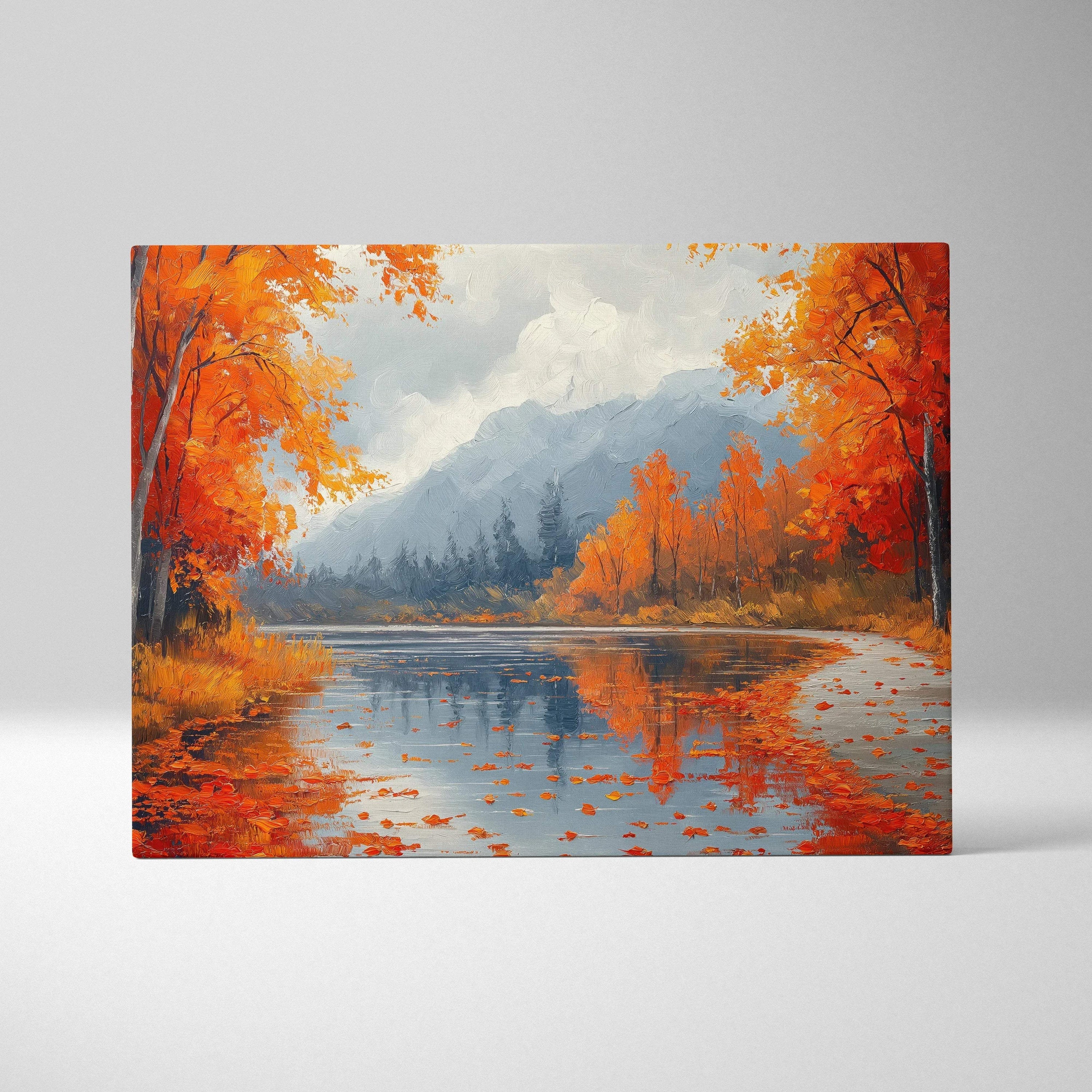 Vibrant autumn mountain landscape canvas art showing orange trees and reflective river wall art.
