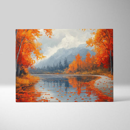 Vibrant autumn mountain landscape canvas art showing orange trees and reflective river wall art.
