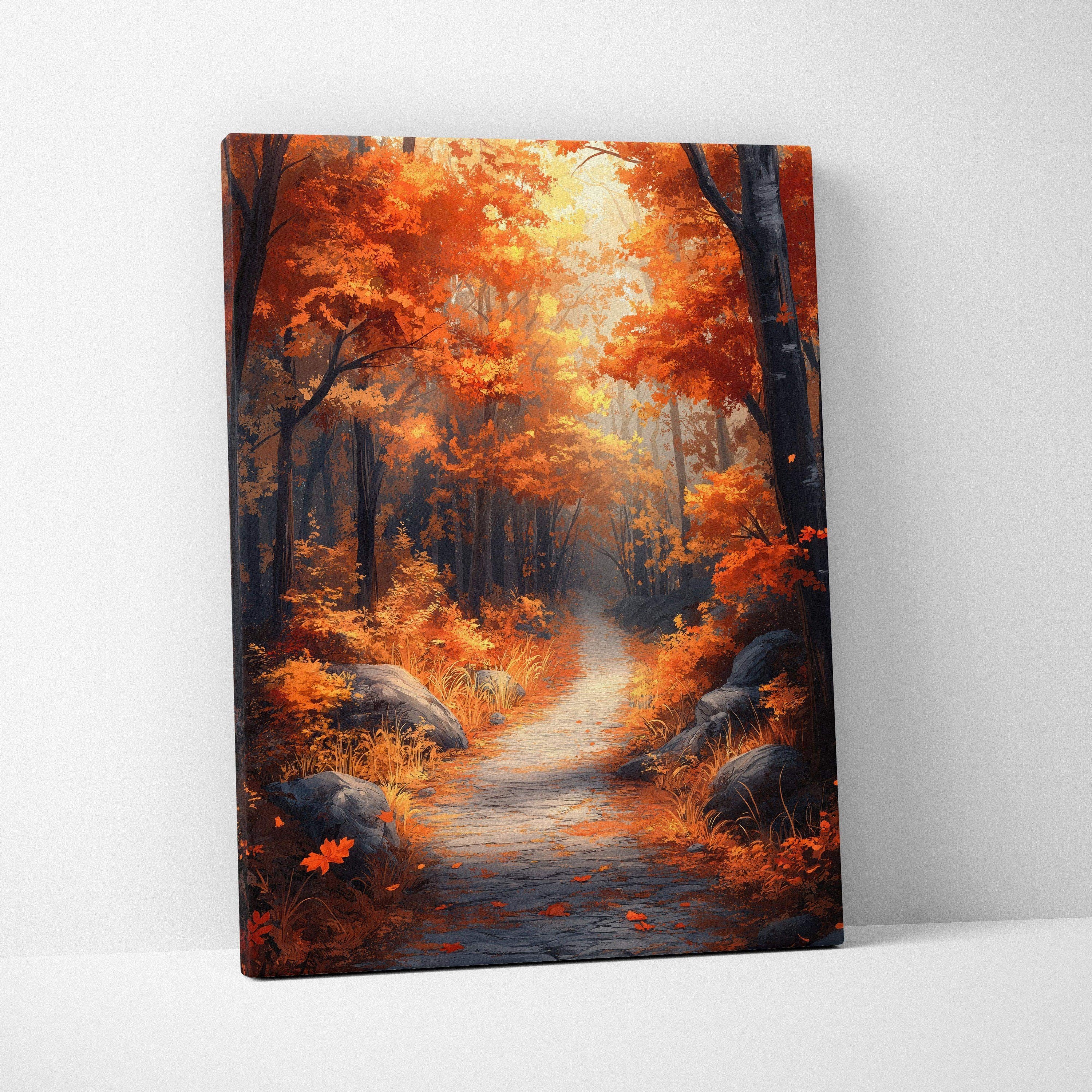 Autumn forest path with orange foliage canvas wall art in vertical format.