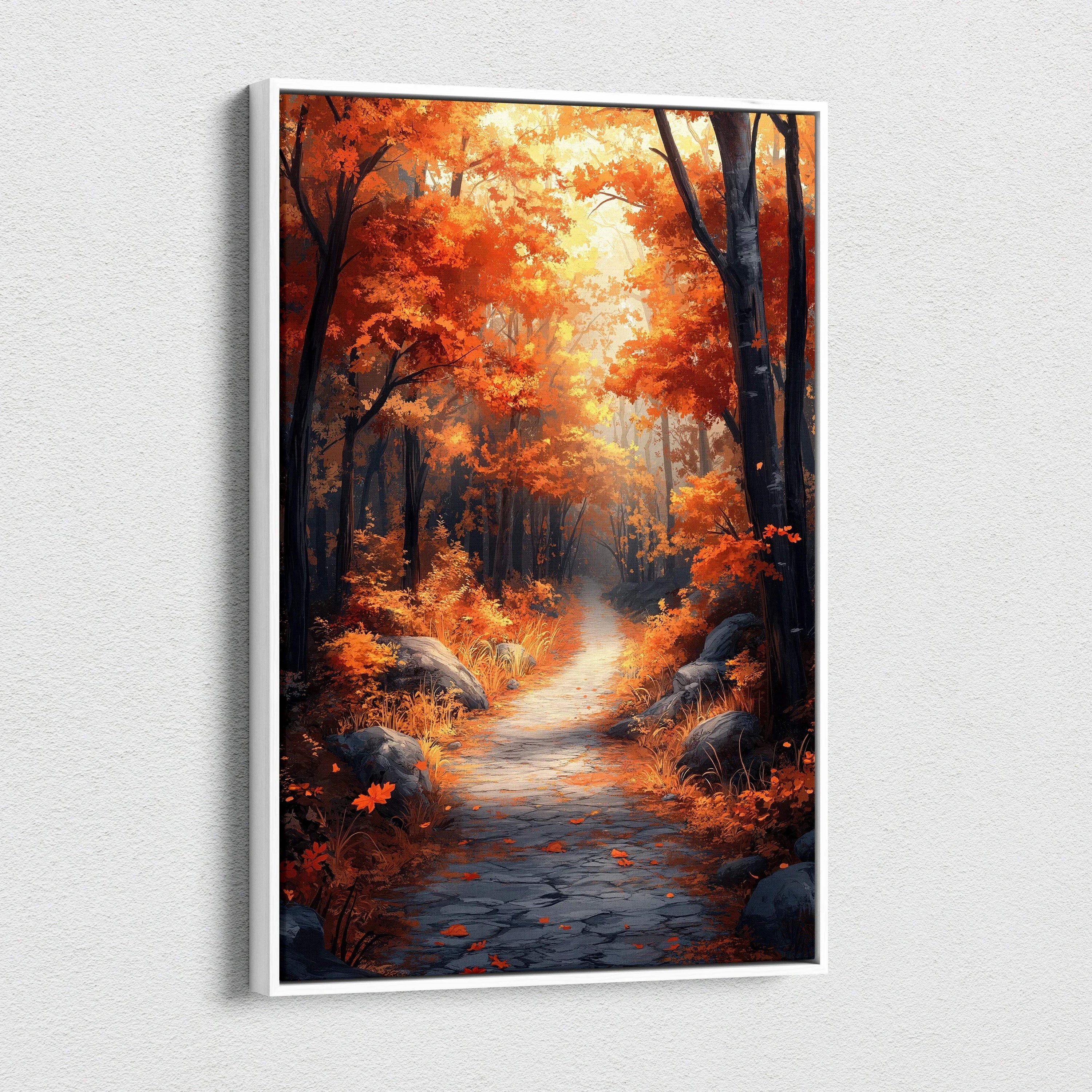 Autumn forest path with vibrant orange leaves on canvas wall art in vertical orientation.