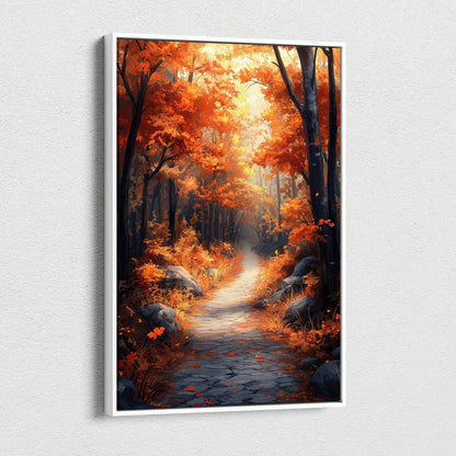 Autumn forest path with vibrant orange leaves on canvas wall art in vertical orientation.