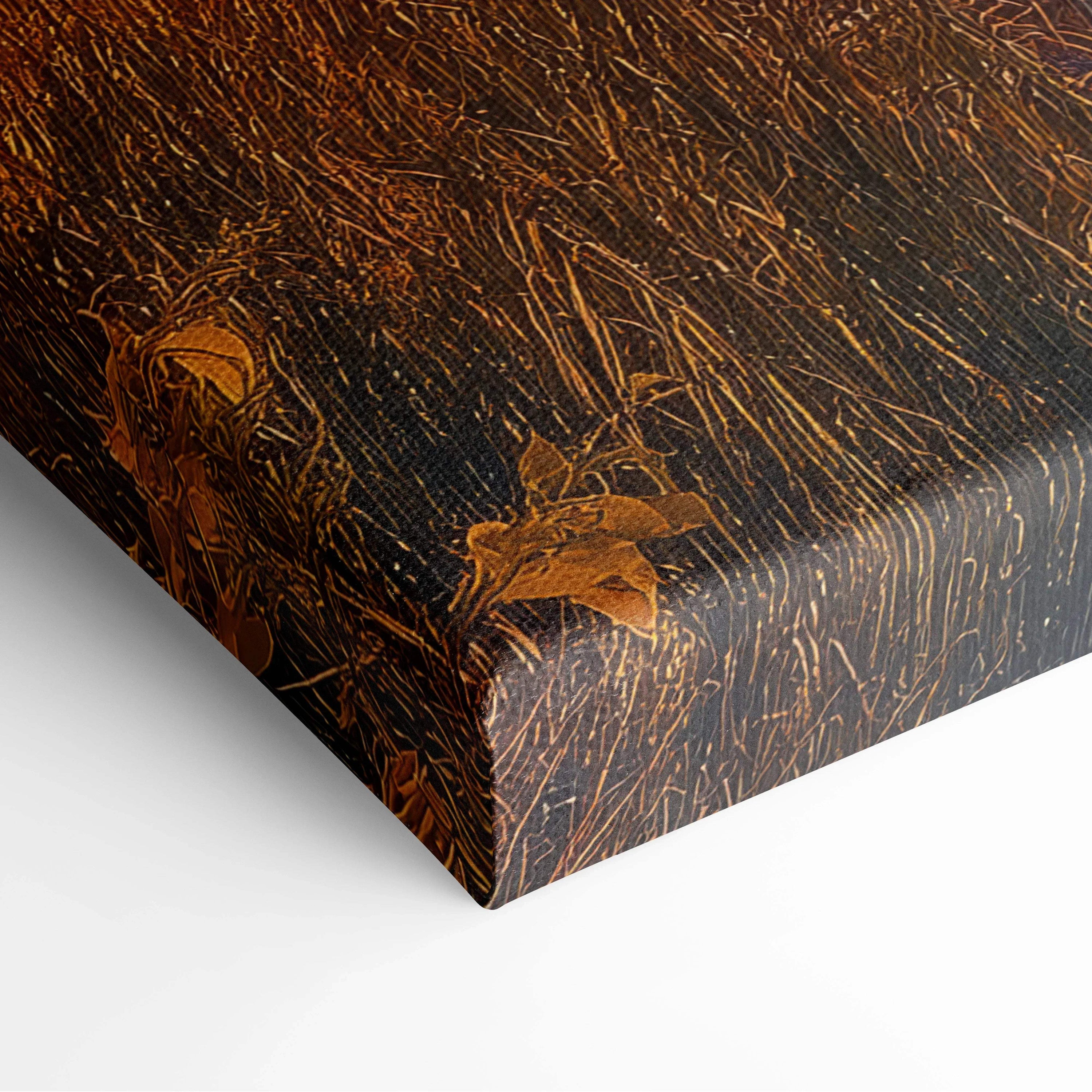 Autumn leaves digital art canvas print with warm brown and orange tones, textured wall art.
