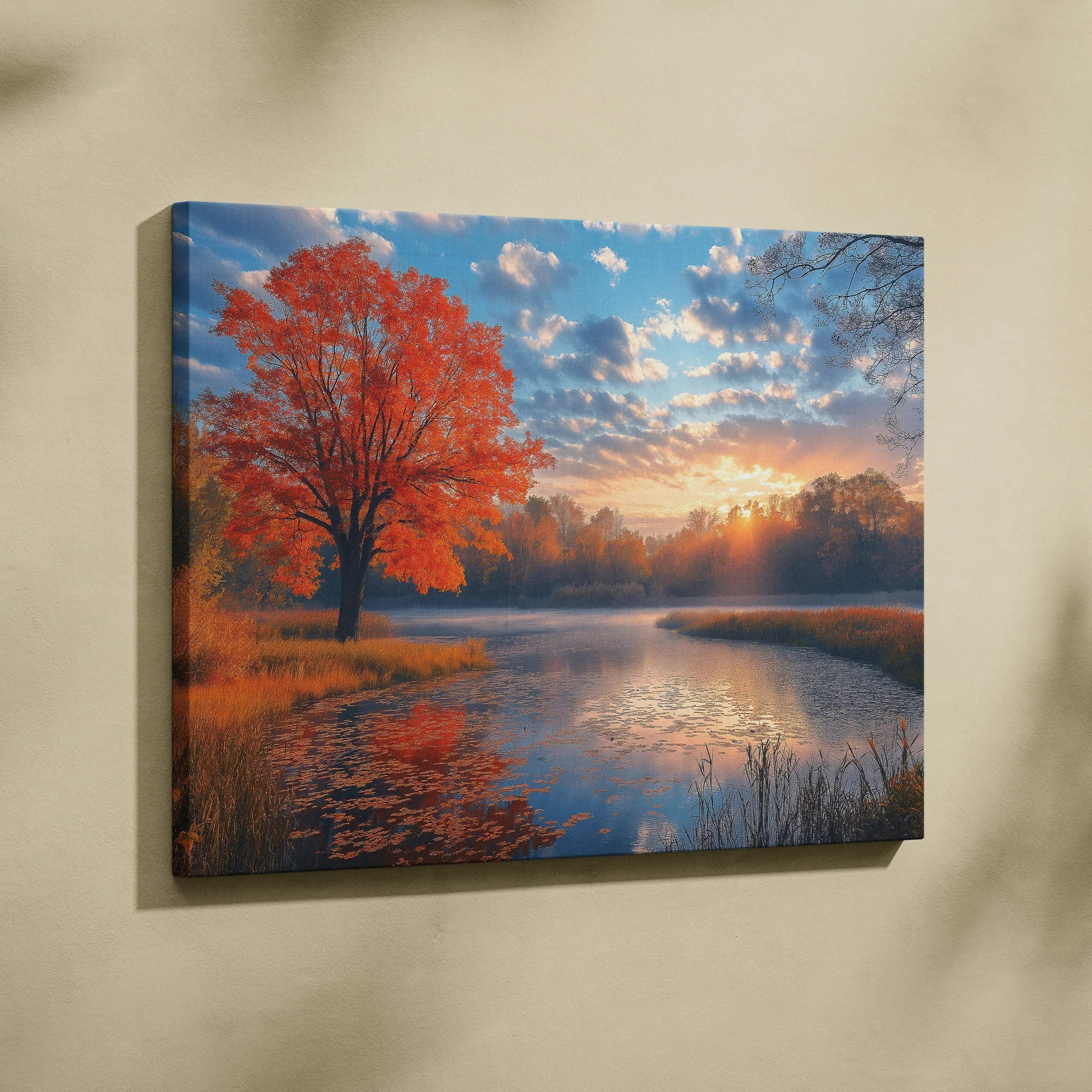 Autumn landscape canvas art with vibrant orange tree and serene lake reflecting sunset sky wall art.