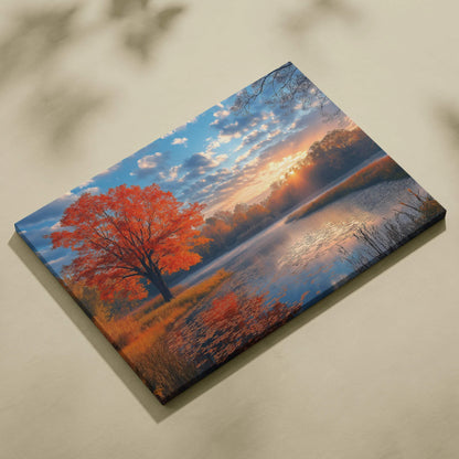 Autumn landscape canvas art with vibrant orange tree and serene lake at sunset wall art.