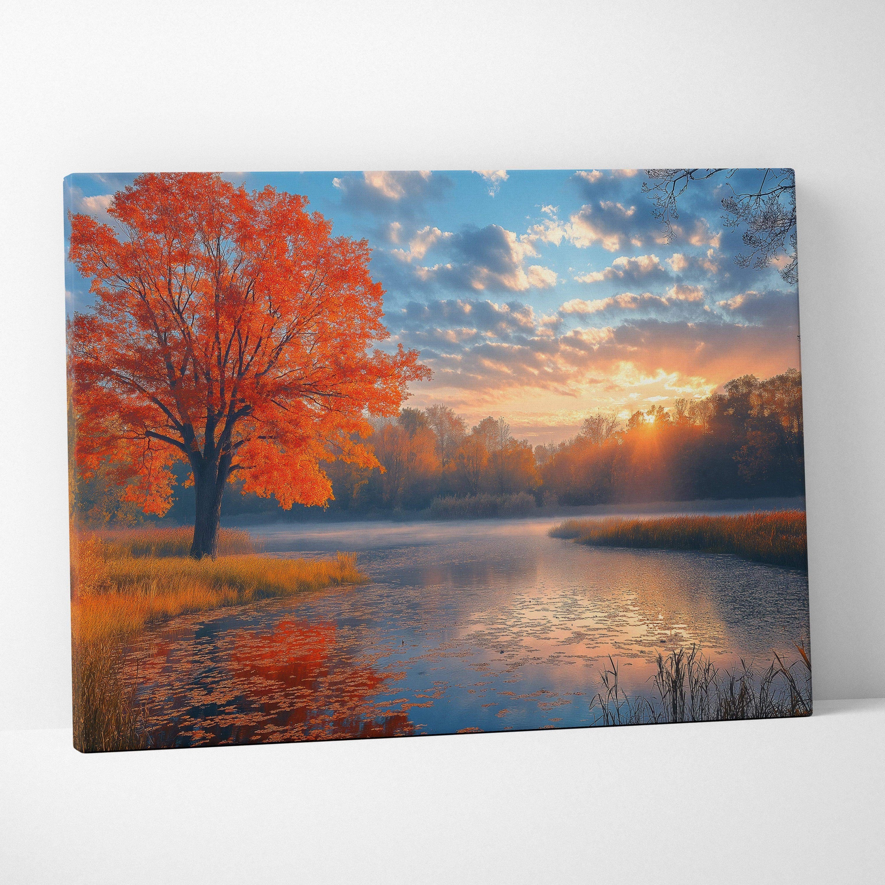 Canvas art of vibrant autumn tree with orange leaves by a reflective lake under a colorful sunset sky wall art.