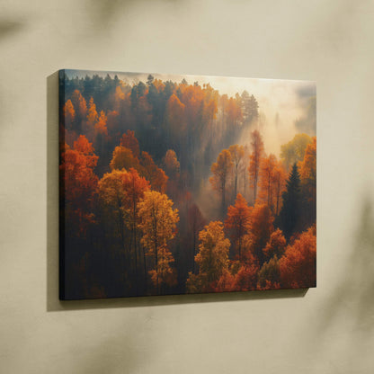 Autumn forest with vibrant orange and red foliage on canvas wall art.