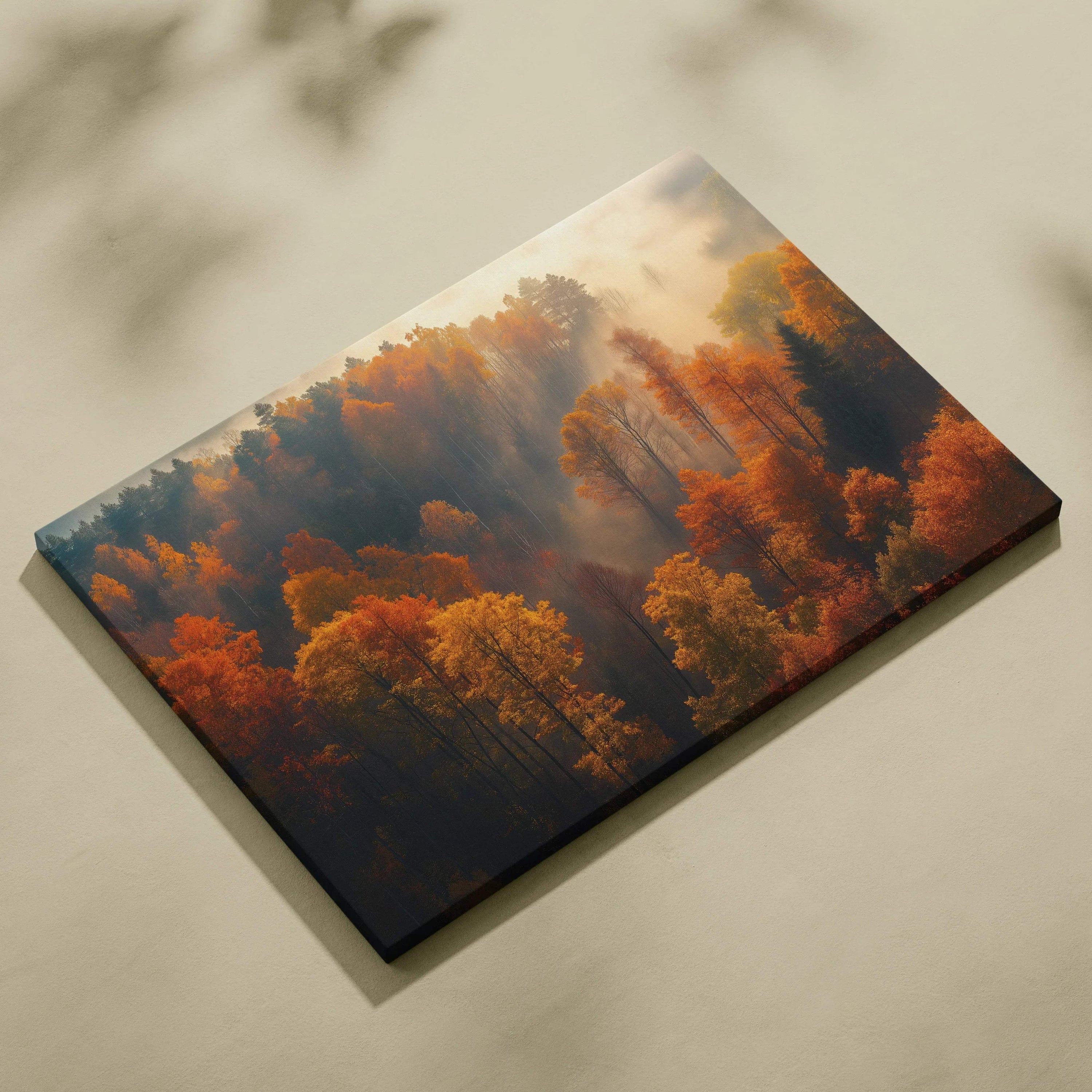 Autumn forest landscape canvas art with vibrant fall foliage and soft sunlight shadow wall art.