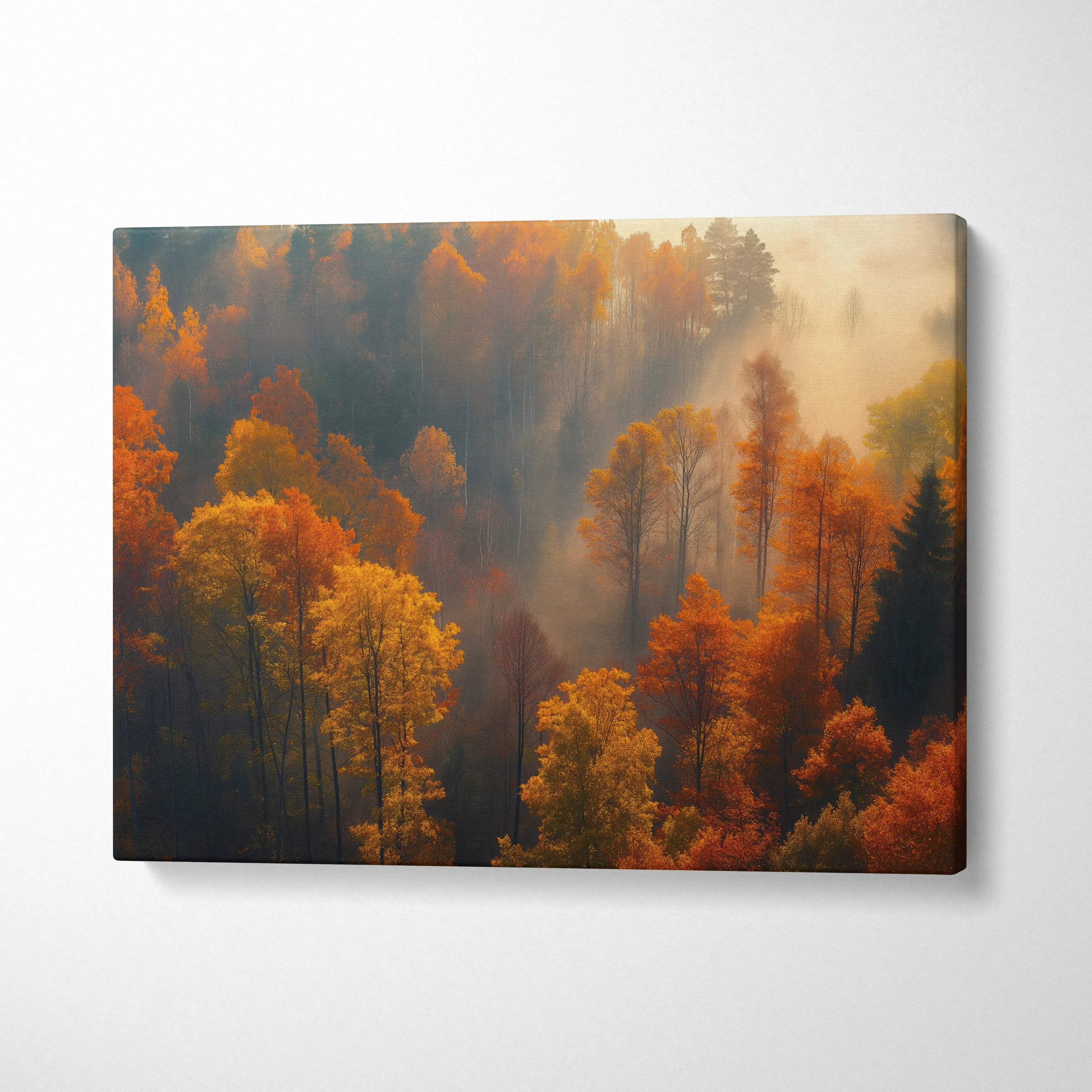 Autumn nature canvas art featuring vibrant orange and yellow fall foliage with misty forest background wall art.