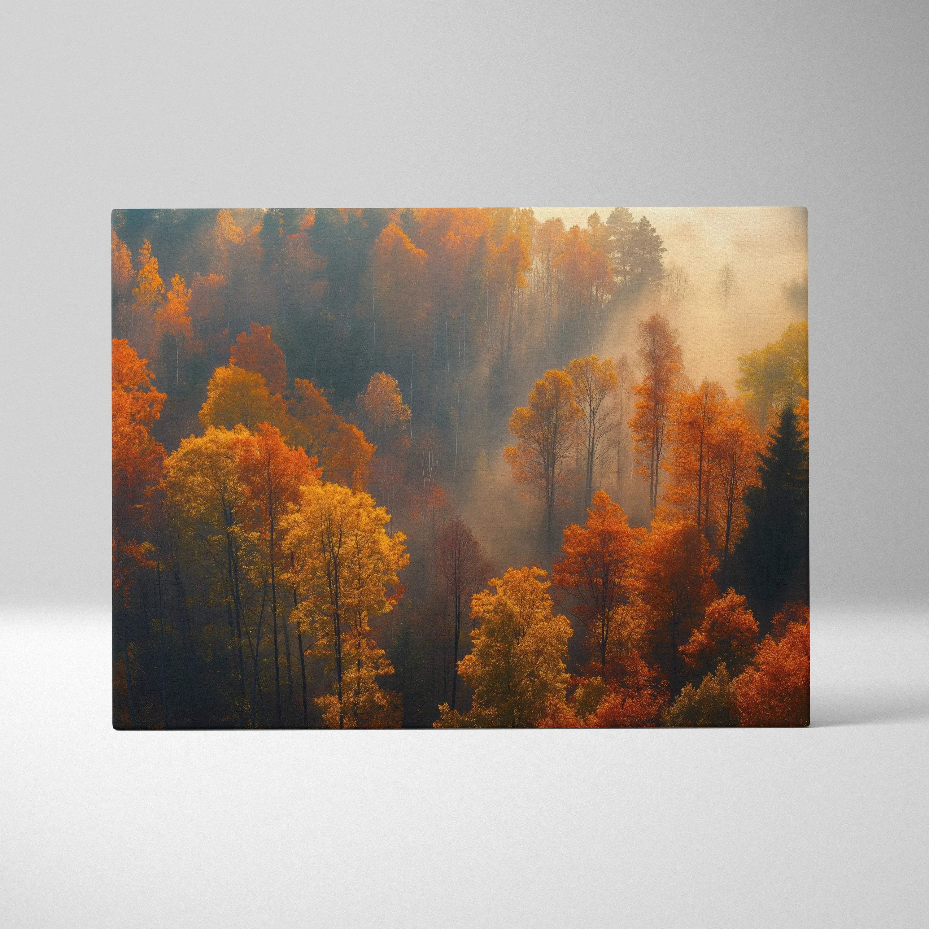 Autumn forest canvas art with vibrant orange and yellow foliage and soft mist wall art.