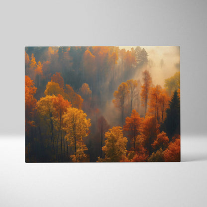 Autumn forest canvas art with vibrant orange and yellow foliage and soft mist wall art.