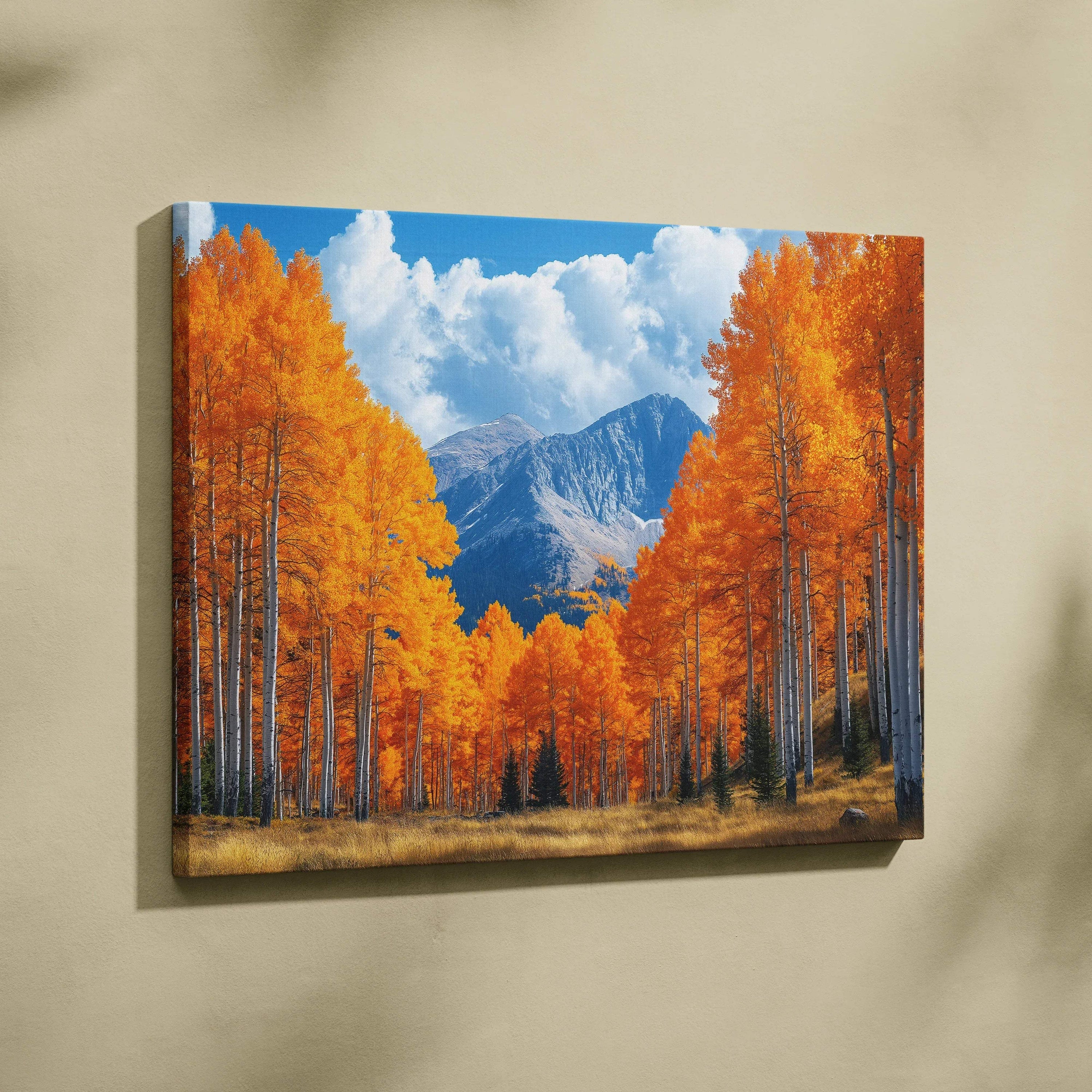 Vibrant autumn landscape canvas art with golden leaves and mountain backdrop wall art.