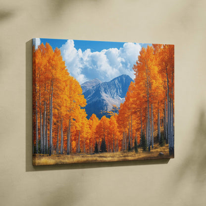 Vibrant autumn landscape canvas art with golden leaves and mountain backdrop wall art.