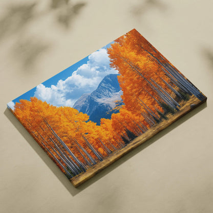 Autumn nature canvas art with golden trees and mountain under blue sky wall art print.