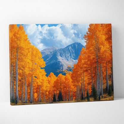 Vibrant autumn landscape canvas art with golden trees and mountains under blue sky wall art.