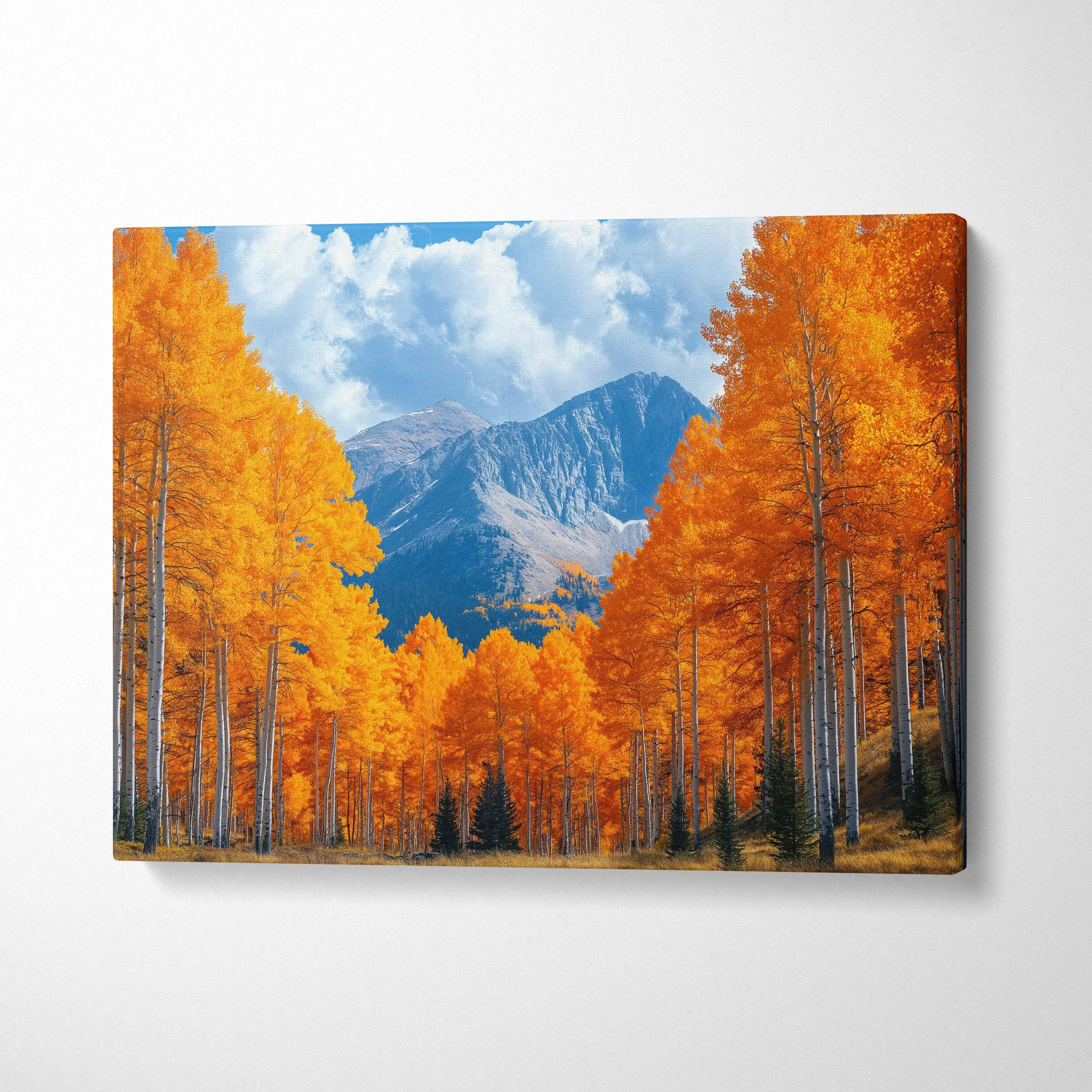 Vibrant autumn landscape canvas art with golden trees and mountain backdrop wall art.