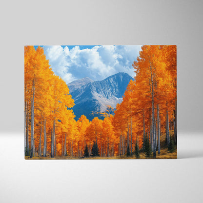 Vibrant autumn digital art canvas wall art featuring golden leaves and mountain landscape.
