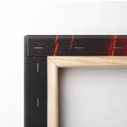 Close-up of wooden frame corner with black wrapped canvas featuring red geometric lines, wall art canvas detail.