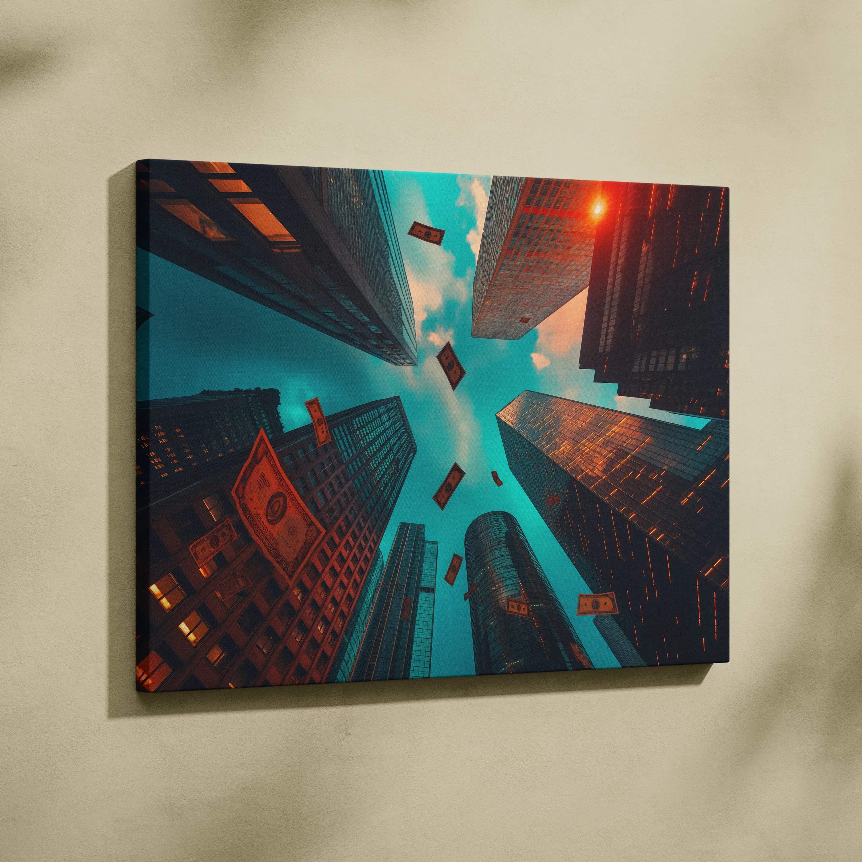 Canvas wall art featuring a dramatic upward view of illuminated modern skyscrapers against a blue sky with orange light.