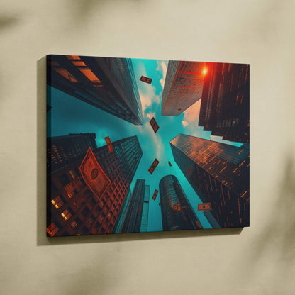 Canvas wall art featuring a dramatic upward view of illuminated modern skyscrapers against a blue sky with orange light.