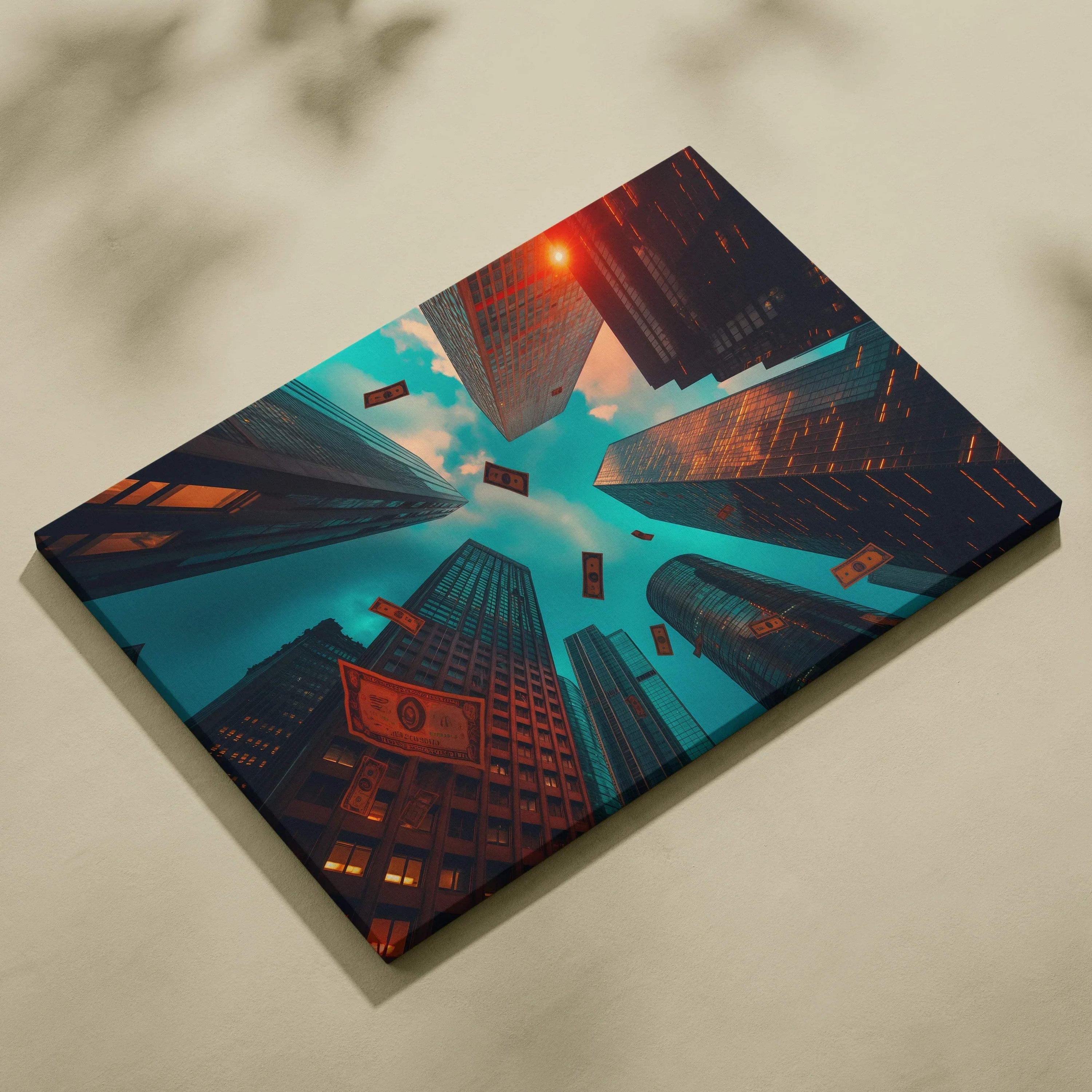 Canvas wall art featuring digitally enhanced skyscrapers with glowing orange lights against a blue sky.