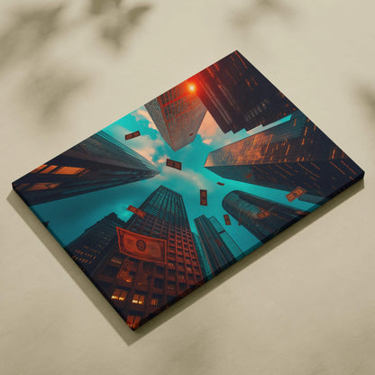 Canvas wall art featuring digitally enhanced skyscrapers with glowing orange lights against a blue sky.