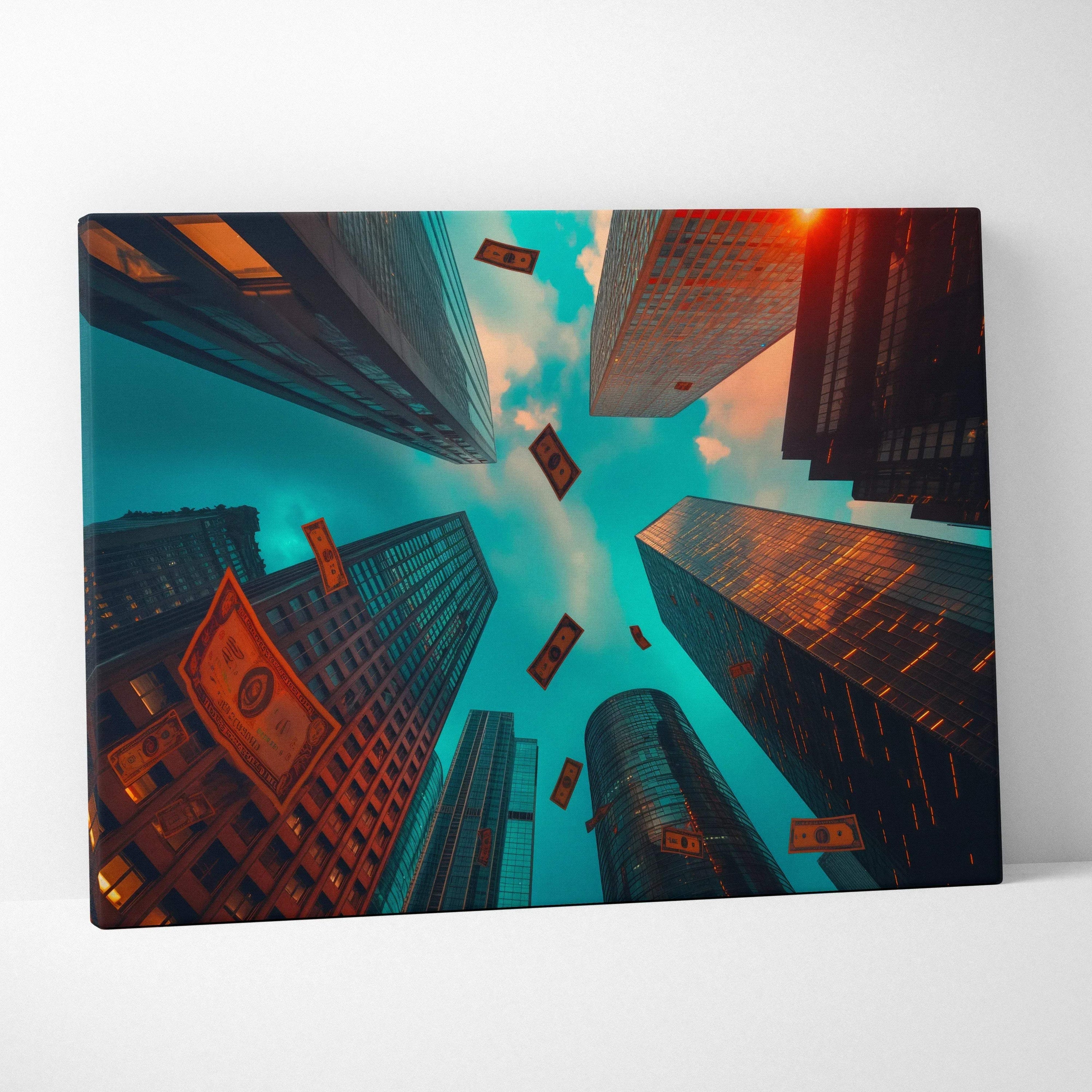 Canvas wall art featuring a dramatic upward view of skyscrapers with floating dollar bills in warm orange and blue tones.