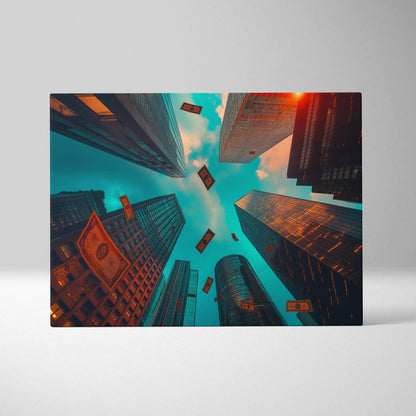 Canvas wall art featuring a dramatic upward view of tall skyscrapers with warm orange and cool blue tones, urban.