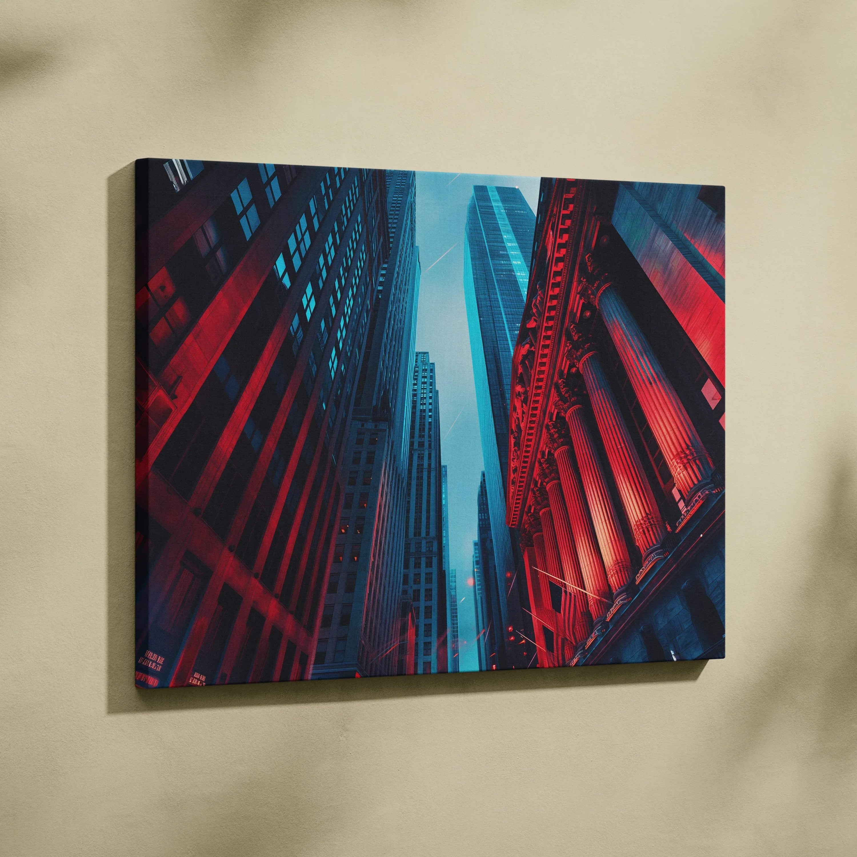 Abstract urban cityscape digital canvas art with red and blue lighting, modern wall art print.