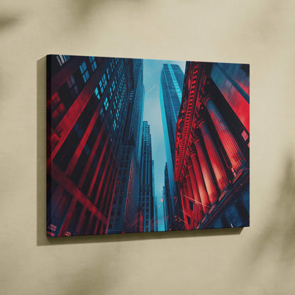 Abstract urban cityscape digital canvas art with red and blue lighting, modern wall art print.