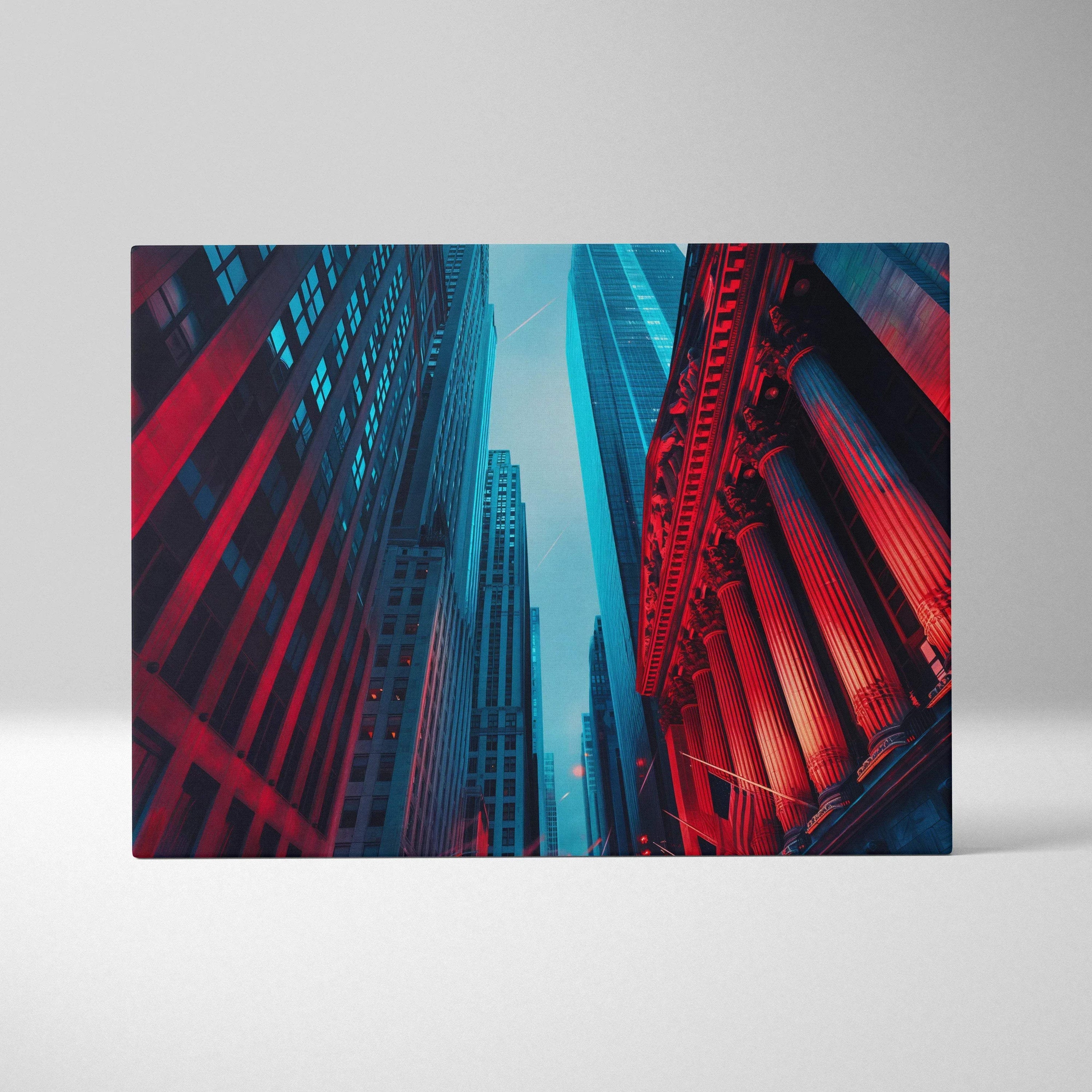 Canvas wall art featuring vibrant abstract cityscape with bold red and blue tones and towering skyscrapers.