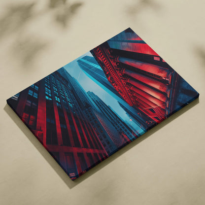 Abstract digital canvas art print featuring vibrant red and blue architectural elements, modern wall art.