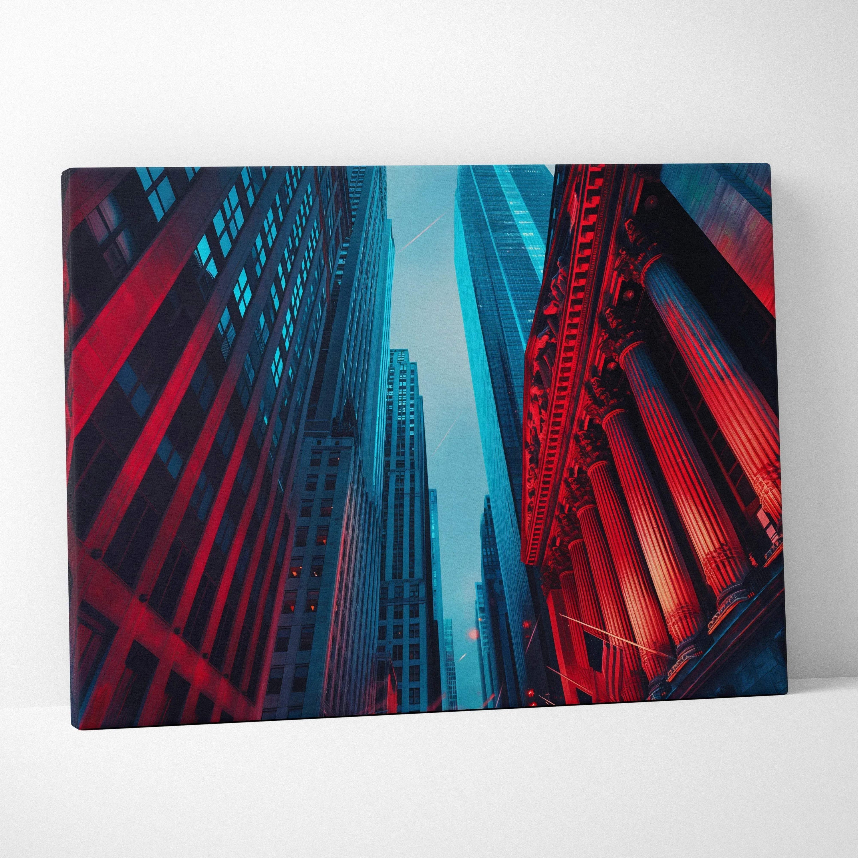 Abstract digital canvas art featuring towering skyscrapers in blue and red hues with dynamic lighting and sharp geometric.