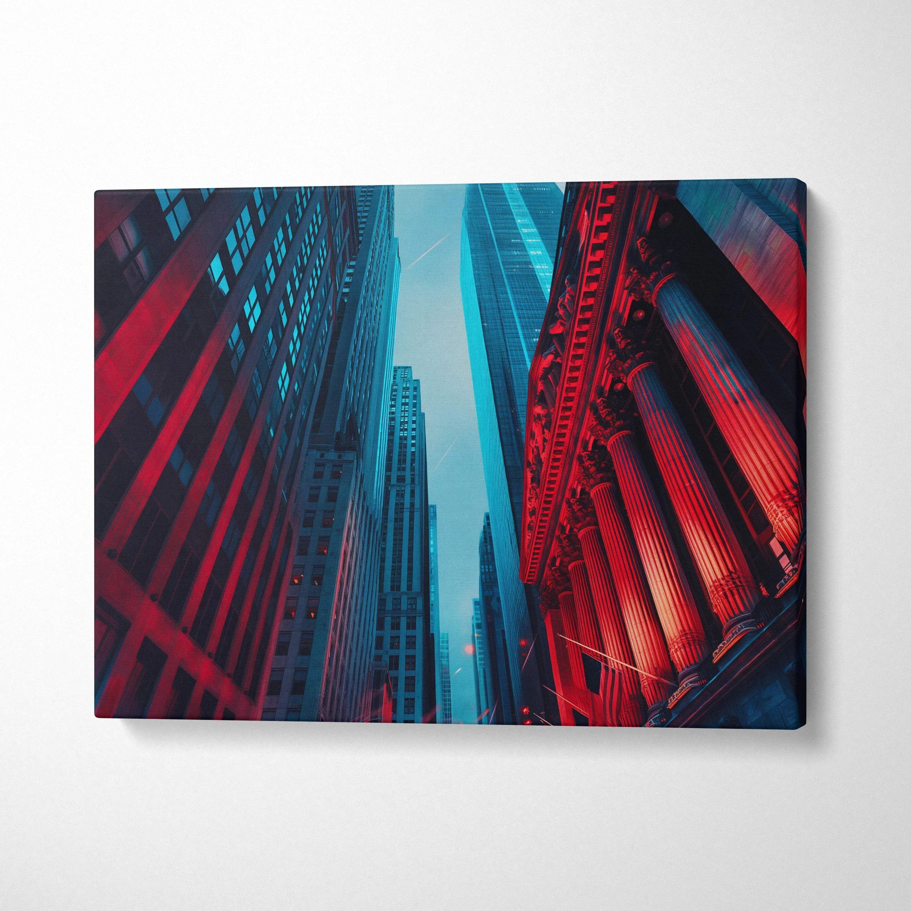 Abstract cityscape digital art canvas wall art with vibrant red and blue tones.