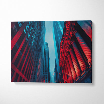 Abstract cityscape digital art canvas wall art with vibrant red and blue tones.