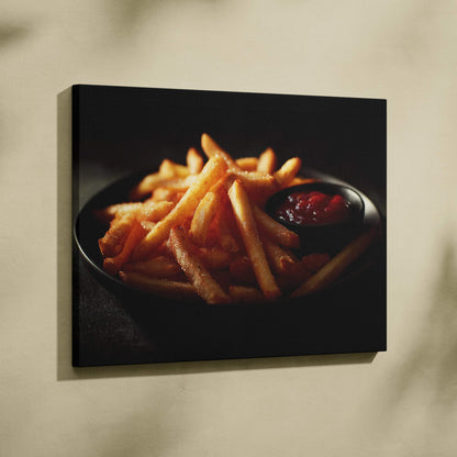 Canvas wall art featuring golden French fries with a side of ketchup on a dark plate against a black background.