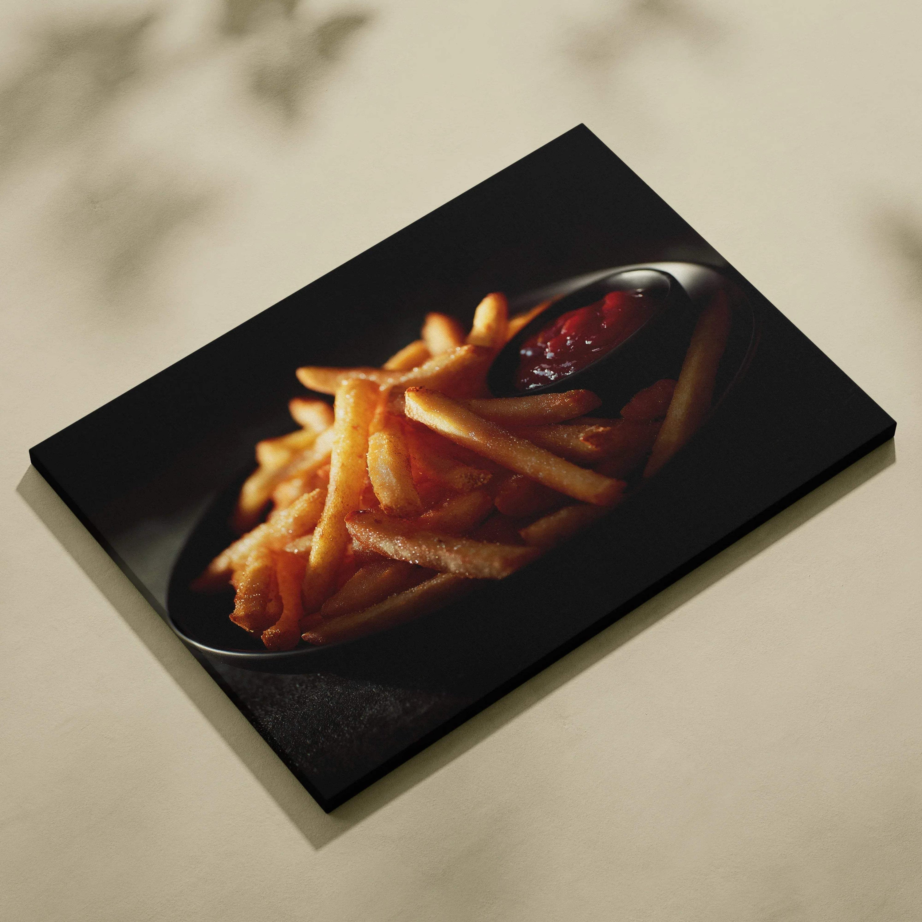 Canvas wall art featuring crispy golden French fries with ketchup in a black bowl on a dark background.