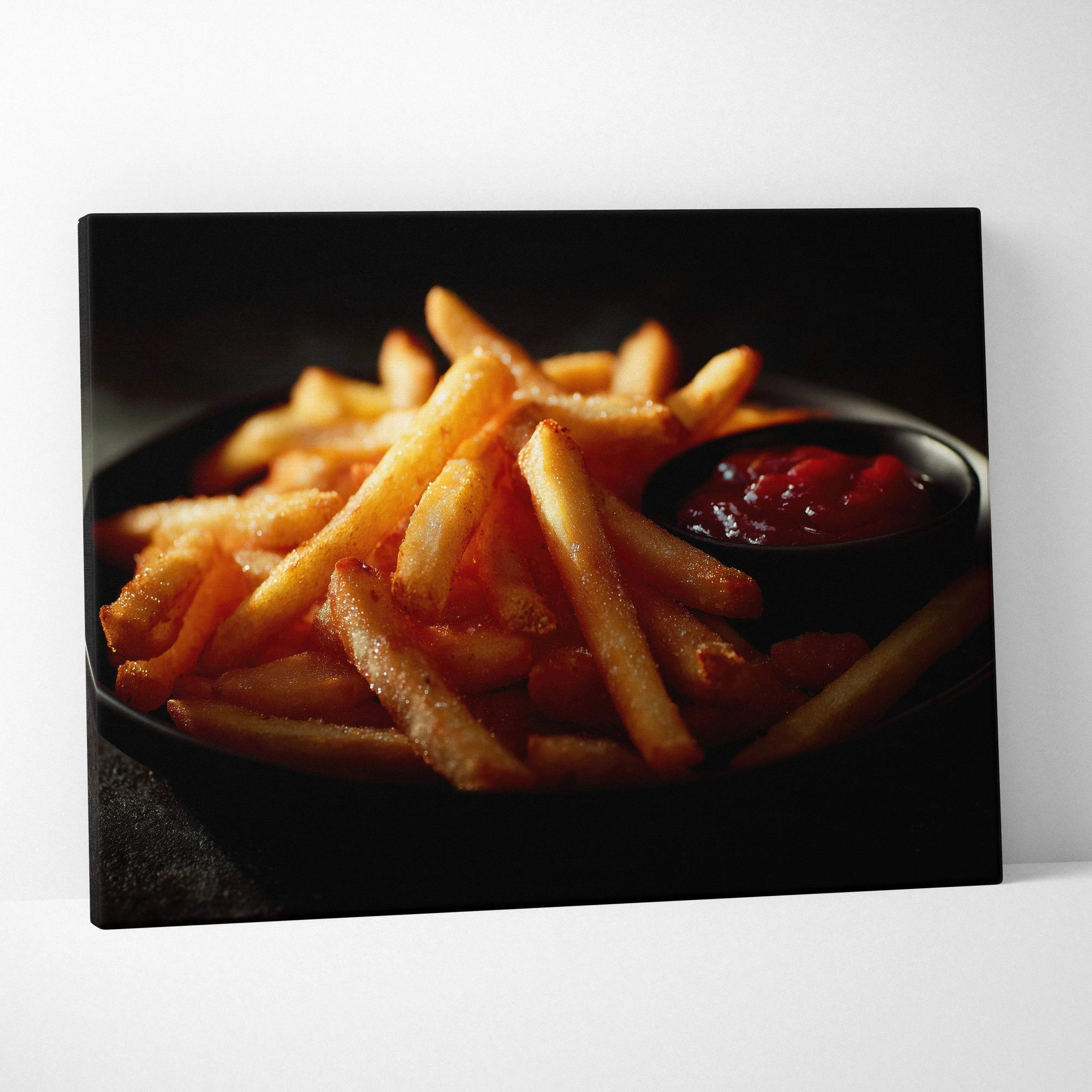 Canvas wall art featuring close-up of golden French fries with a small dish of ketchup on black background.