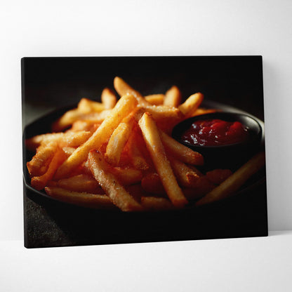 Canvas wall art featuring close-up of golden French fries with a small dish of ketchup on black background.