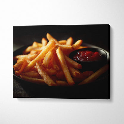 Canvas wall art featuring close-up of golden French fries with ketchup dip on dark background for modern decor.